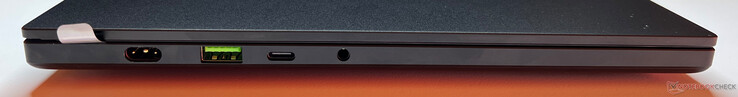 Vänster sida: Ström, USB-A 3.2 Gen.2 (10 Gbps), USB-C 4.0 (40 Gbps, DisplayPort 2.1, Power Delivery), 3,5 mm ljud