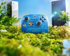 8BitDo Rare 40th Anniversary controller med Xbox Series X och Series S konsoler i bakgrunden. (Bildkälla: Officiell 8BitDo reklamaffisch)