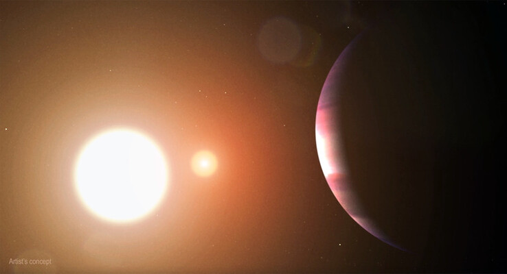 En konstnärsillustration som visar en exoplanet som kretsar kring två stjärnor.