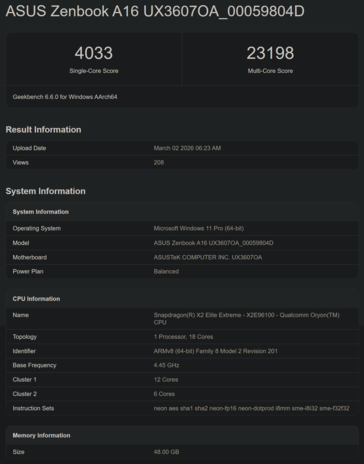 Snapdragon X2 Elite X2E-96-100 Geekbench CPU-prestanda