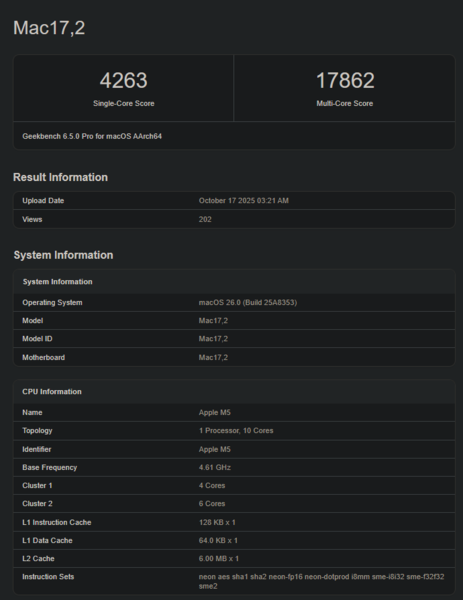 Apple M5 Geekbench-poäng (bildkälla: Geekbench)