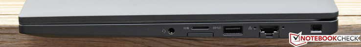 Höger: Kombinerad ljudanslutning 3.5 mm, microSD, simkort, USB 3.0, Ethernet, Kensington-Lås