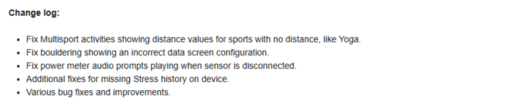Ändringsloggen för betaversion 23.15 för Garmin Forerunner smartklockor. (Bildkälla: Garmin)