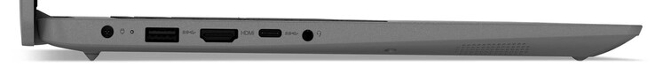 Vänster sida: USB 3.2 Gen 1 (USB-A), HDMI, USB 3.2 Gen 1 (USB-C; Power Delivery, Displayport), ljudkombination.
