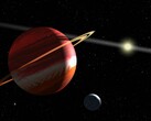 En illustration som visar en planet, en måne och en stjärna.