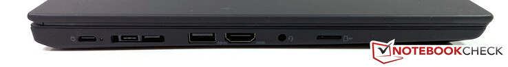Vänster: 2x USB-C 3.2 Gen 2, dockingsport/miniEthernet, USB-A 3.2 Gen 1, HDMI 2.0, 3.5mm ljud, microSD