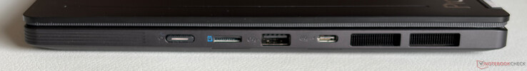 Höger sida: Strömknapp, microSD-kortläsare, USB-A 3.2 Gen.2 (10 Gbps), USB-C 4.0 (40 Gbps, DisplayPort, strömförsörjning)