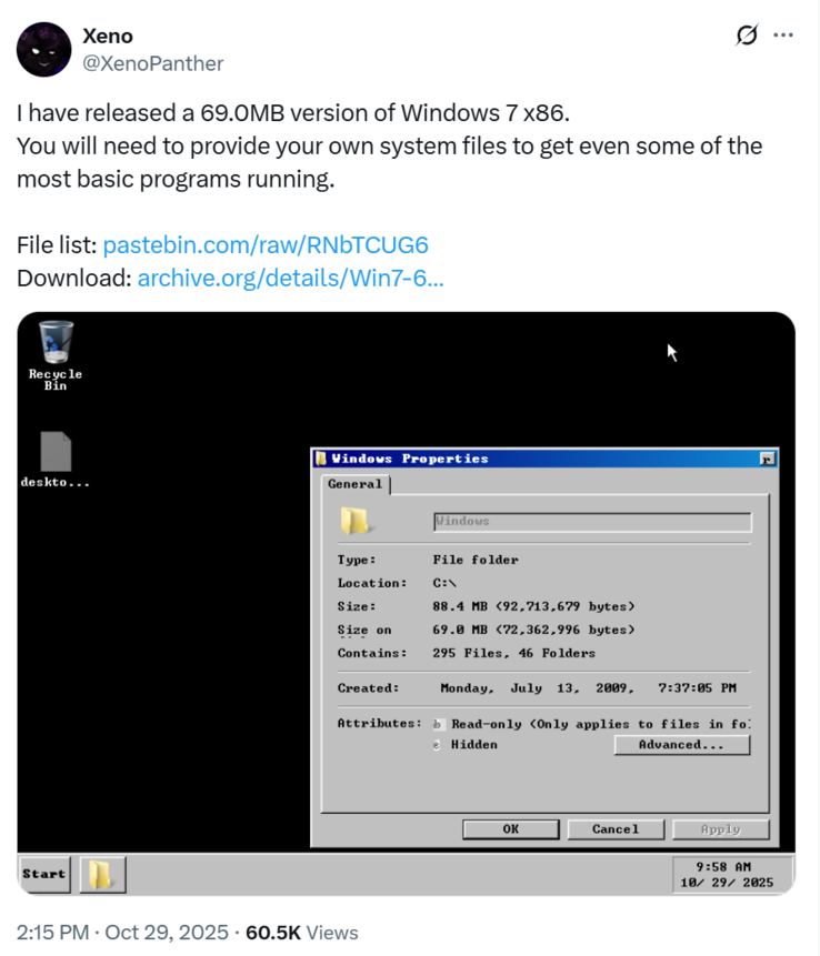 Windows 7 (bilden) startar upp till skrivbordet i @XenoPanthers lättviktsbyggnad (Bildkälla: @XenoPanther)