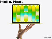 MacBook Neo kostar nu från 699 dollar. På bilden: en reklambild som visar datorns framsida (redigerad).