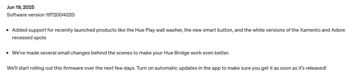 Release notes för Philips Hue Bridge mjukvaruversion 1972004020. (Bildkälla: Philips Hue)