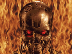 På bilden, en skärmdump av T-1000 mot en bakgrund av lågor, från trailern Terminator 2D: No Fate. (Bildkälla: IGN YouTube)