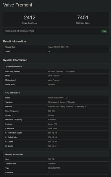 Valve Fremont Geekbench-lista (bildkälla: Geekbench)