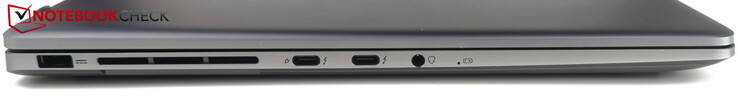 Till vänster: strömport, 2x USB-C 4.0/Thunderbolt 4 (1x PD), hörlursuttag