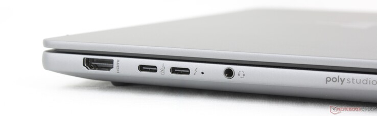 Vänster: HDMI 2.1, USB-C (10 Gbps) med DisplayPort 2.1 + Power Delivery, USB-C (40 Gbps) Thunderbolt 4 med DisplayPort 2.1 + Power Delivery, 3,5 mm headset