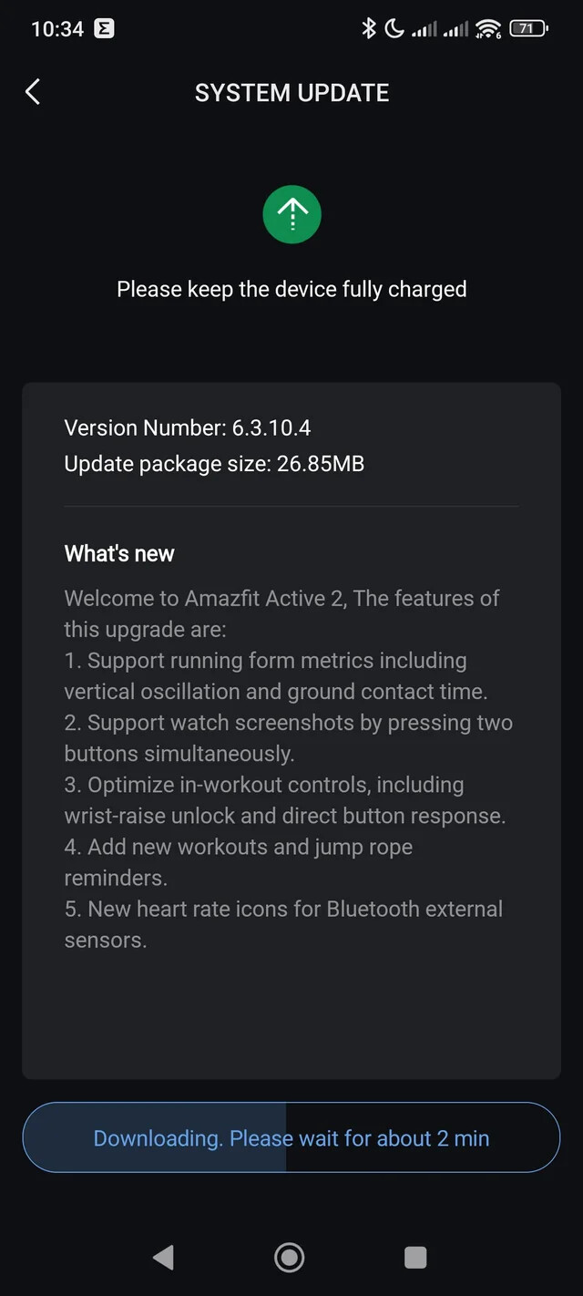Releaseanteckningarna för programvaruversion 6.3.10.4 för Amazfit Active 2 (Round). (Bildkälla: Reddit)