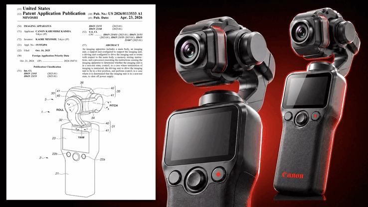 Canons patent från april 2026 (vänster) och renderingar av 3-axlig gimbal (höger). De nya ritningarna prioriterar bärbarhet med fast lins och smart strömhantering.
