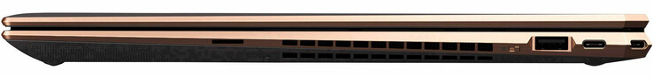 Höger: microSD-kortläsare, strömbrytare för webbkameran, USB 3.1 Gen 2 Typ A, 2 x Thunderbolt 3