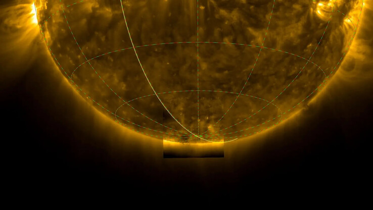 Rymdsonden Solar Orbiter har tagit de första bilderna av solens sydpol. (Bildkälla: ESA & NASA/Solar Orbiter/EUI Team, D. Berghmans (ROB))