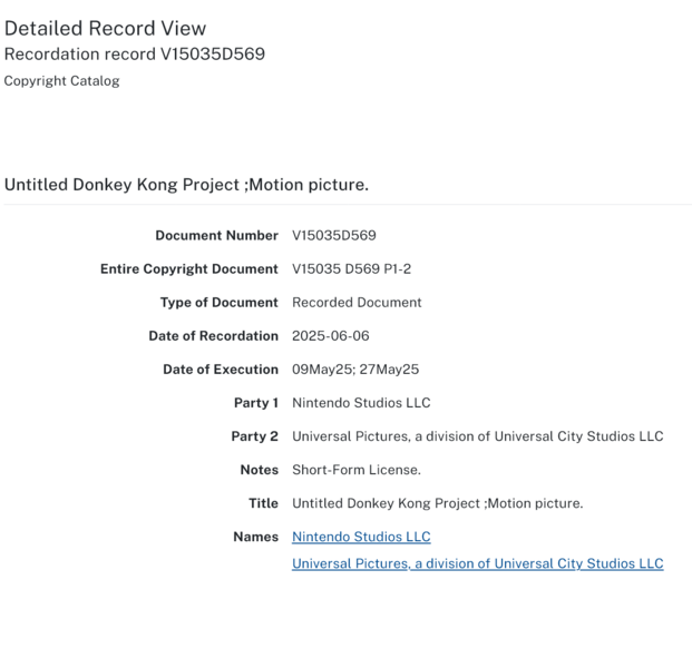 Nintendo och Universal Pictures upphovsrätt till Donkey Kong-filmen (Bildkälla: U.S. copyright office website)