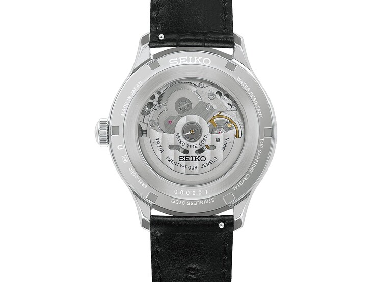 Baksidan av klockan Seiko Presage Japanese Garden (ref. HCB007) som visar dess automatiska mekaniska urverk genom den genomskinliga baksidan.