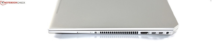 Höger: SD-kortläsare, kombinerad ljudanslutning, HDMI, 2x USB-C / Thunderbolt 3, ström