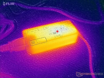 Nätadaptern når en temperatur på över 53 °C vid krävande belastning