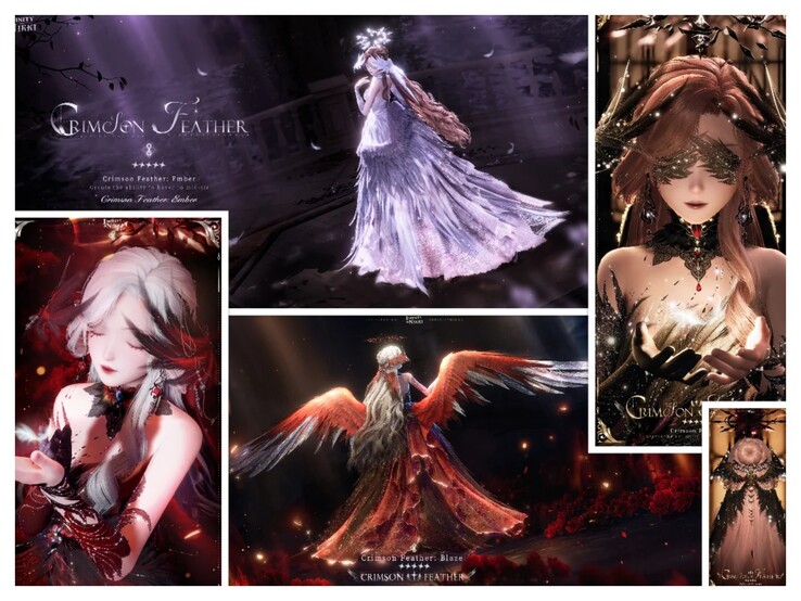 Crimson Feather-dräkten har en mycket gotisk stil, även om den kan utvecklas till en vit version. (Källa: Infinity Nikki via Reddit)