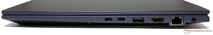 Höger: Thunderbolt 4, USB 3.2 Gen2 typ-C (DisplayPort/strömförsörjning), USB 3.2 Gen1 typ-A, HDMI 2.1-utgång, RJ-45, DC-in