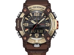 Närbild på G-Shock Mudmaster GG-B100XMH-5A som visar upp sitt ljusgulguld- och bruna boett och bezel.