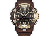 Närbild på G-Shock Mudmaster GG-B100XMH-5A som visar upp sitt ljusgulguld- och bruna boett och bezel.