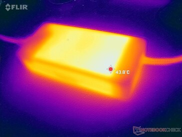 AC-adaptern kan nå över 44 C när du kör krävande belastningar under långa perioder