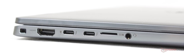 Vänster: Wedge Lock-kortplats, HDMI 2.0, 2x USB-C med Thunderbolt 4 + DisplayPort + Power Delivery, MicroSD-läsare, 3,5 mm ljuduttag