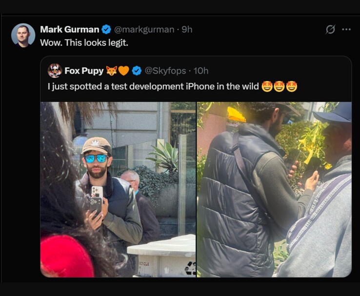 Mark Gurman reagerar på en påstådd iPhone 17 Pro-prototyp som upptäckts offentligt, ursprungligen publicerad av @Skyfops på X (tidigare Twitter). Bilden visar en man som håller i en testenhet med ett unikt fodral, medan en annan person verkar blockera vyn. (Bild: @Skyfops / @markgurman på X)
