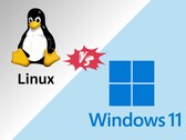 Jämförelse av spelprestanda mellan Linux och Windows 11 med Tux och Windows-logotyper