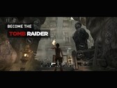 Tomb Raider-spel som körs på iPhone eller iPad och visar Lara Croft utforska tempelruiner med synliga pekkontroller på skärmen