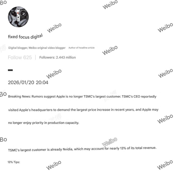 Apple är inte längre TSMC:s största kund och har kanske inte längre prioriterad åtkomst. (bildkälla: Fixed Focus Digital på Weibo)