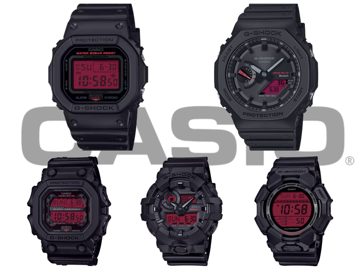 På bilden, medurs från övre vänster: Casio DW-5600BBR-1, GA-B2100BBR-1A, GD-010BBR-1JF, GA-700BBR-1AJF och GX-56BBR-1A - hela den ursprungliga 