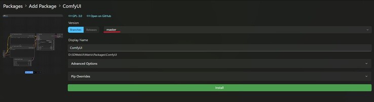 En skärmdump av ComfyUI-hubben för installation i Stability Matrix, med en röd markering på rullgardinsmenyn för build select. (Bildkälla: Windows Screen Capture)