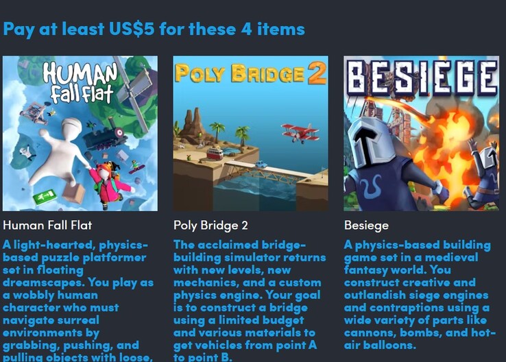 Spelaffischer och beskrivningar. Om du betalar 5 dollar får du 4 av de 9 spelen (Bildkälla: Humble Bundle)