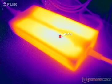 AC-adaptern kan nå över 45 C vid krävande belastningar under långa perioder