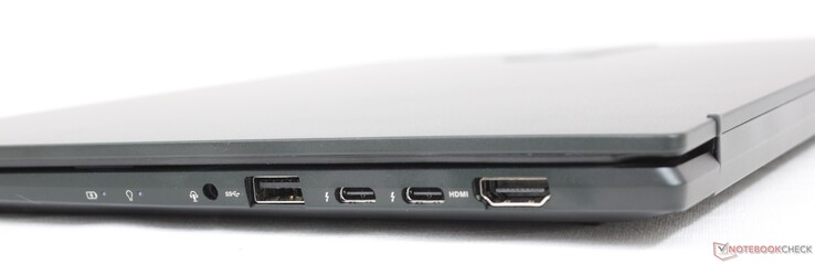 Höger: 3,5 mm headset, USB-A 3.2 Gen. 1, 2x USB-C med Thunderbolt 4 + DisplayPort + Power Delivery, HDMI 2.0b