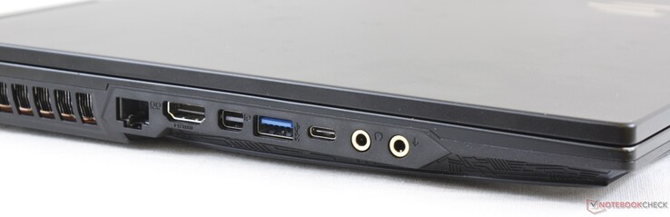 Vänster: Gigabit RJ-45, HDMI 2.0, mini-Displayport 1.2, USB 3.1 Gen. 2, USB 3.1 Gen.2 Typ C, 3.5 mm hörlurar, 3.5 mm SPDIF (ESS Sabre HiFi)