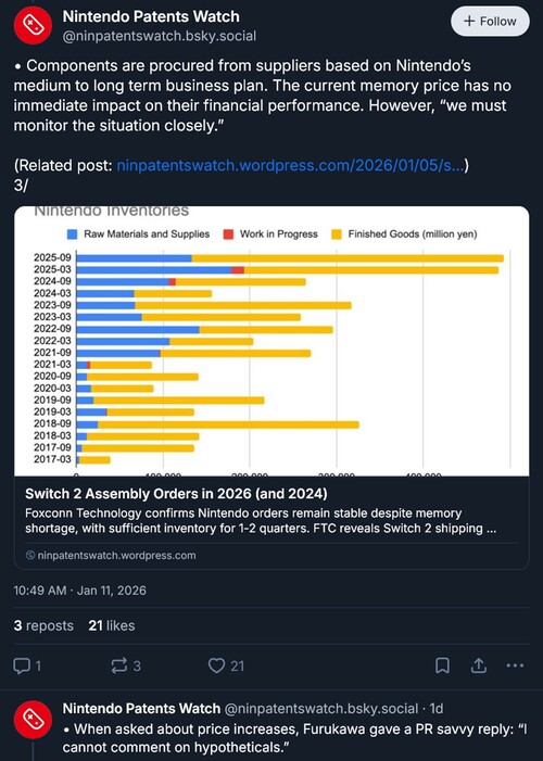Nintendo Patents Watch-inlägg om Shuntaro Furukawa-intervju (Bildkälla: skärmdump, Nintendo Patents Watch Bluesky-konto)