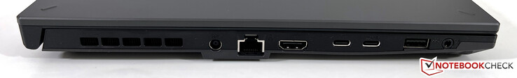 vänster: strömförsörjning, Ethernet, HDMI 2.1 FRL, USB-C 4.0 (40 GBit/s, DisplayPort, Power Delivery), USB-C 3.2 Gen.2 (10 GBit/s, Power Delivery, DisplayPort, G-Sync), USB-A 3.2 Gen.1 (5 GBit/s), 3,5 uttag för hörlurar