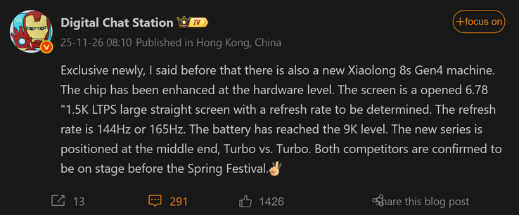 Digital Chat Station delar mer om Snapdragons 8s Gen 4 OnePlus-telefonen (Bildkälla: Weibo - maskinöversatt)