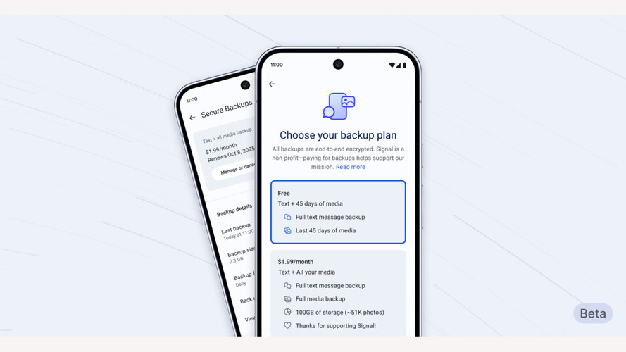 Signals funktion för säker säkerhetskopiering visas på Android beta app och erbjuder krypterade säkerhetskopior av meddelanden och media med gratis och betalda planer. (Bildkälla: Signal)