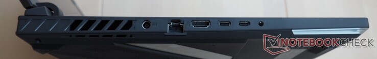 Vänster sida: Strömförsörjning, RJ45-LAN, HDMI 2.1, Thunderbolt 4 (inkl. DisplayPort), USB-C 3.2 Gen2 (inkl. DisplayPort, Power Delivery, G-Sync), 3,5 mm kombinerat ljuduttag.
