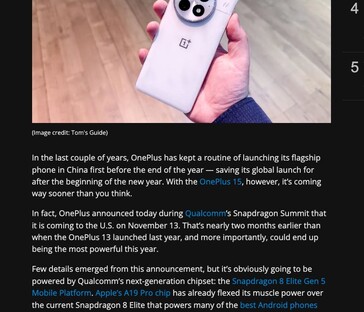 Tom's Guide rapporterade ursprungligen en lansering i USA den 13 november för OnePlus 15, men omnämnandet har sedan dess tagits bort från artikeln. (Bildkälla: Tom's Guide)