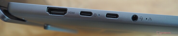 vänster sida: HDMI, 2x USB-C 3.1 Gen2 (DP 1.4 + PD), ljud
