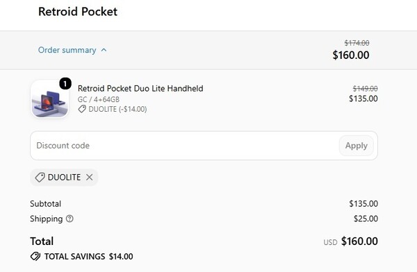 Kupongkoden ger 14 dollar i rabatt på priset för Retroid Pocket Duo Lite.
